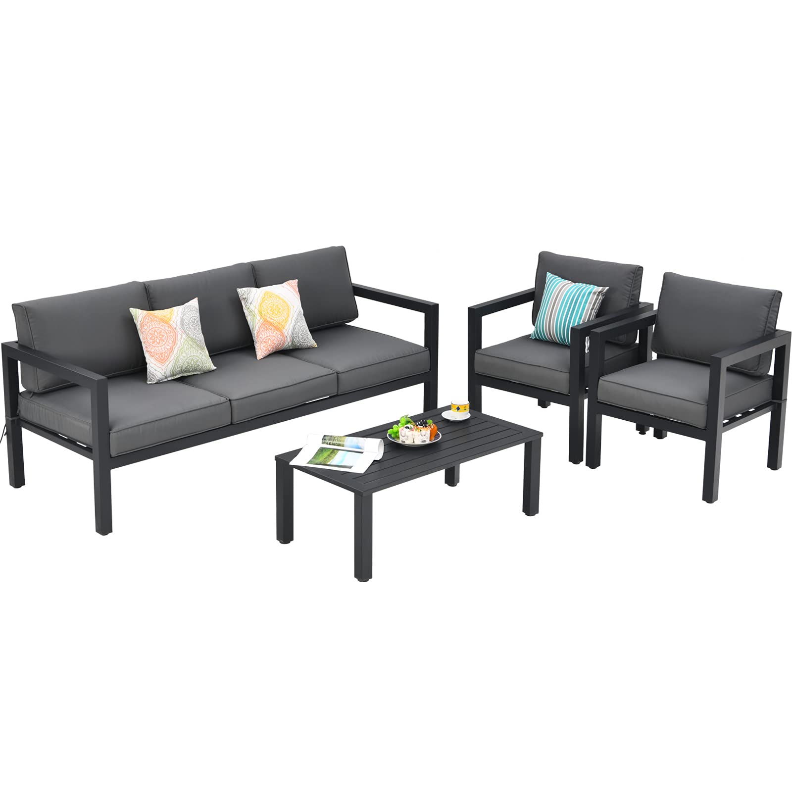 Ensemble de mobilier de jardin 4 pièces en aluminium avec coussins rembourrés